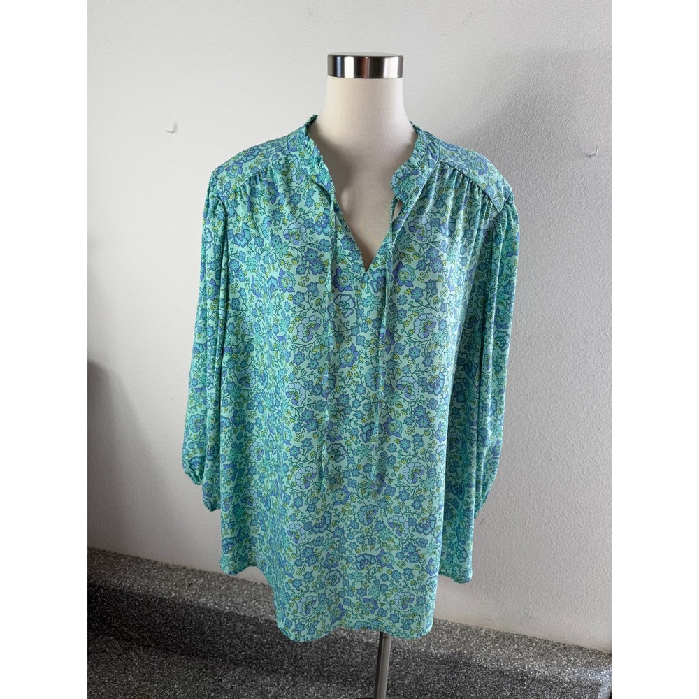 Cynthia Rowley Women Plus 3X Floral Blouse Aqua Blue Purple Balloon Sleeve Top